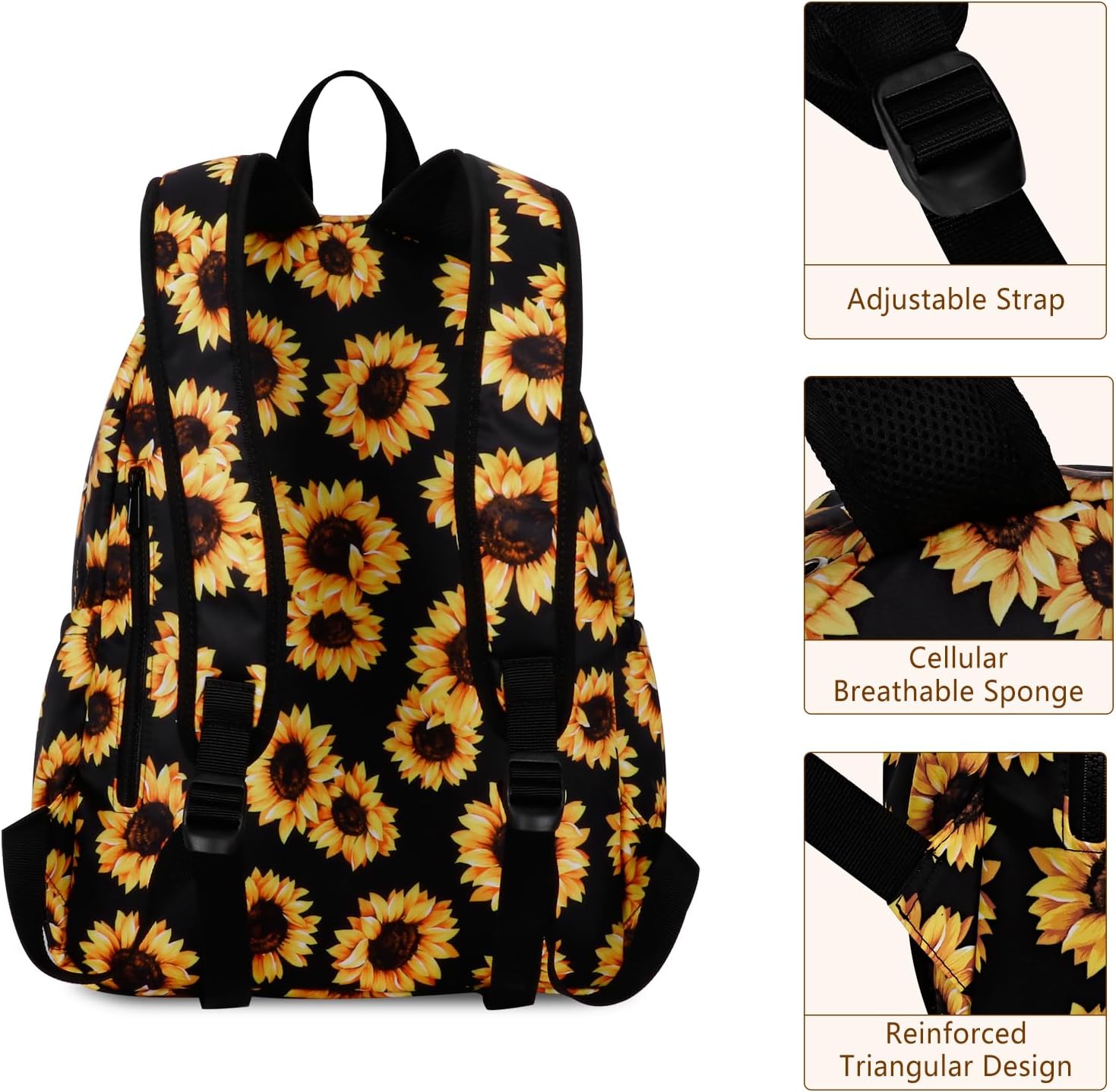 Women's Water-resistant Daypack Backpack, 15.6 Inch Laptop Compartment & Anti-Theft Pocket, Adjustable Padded Straps for Commuting, Travel, Work, College, Sunflower