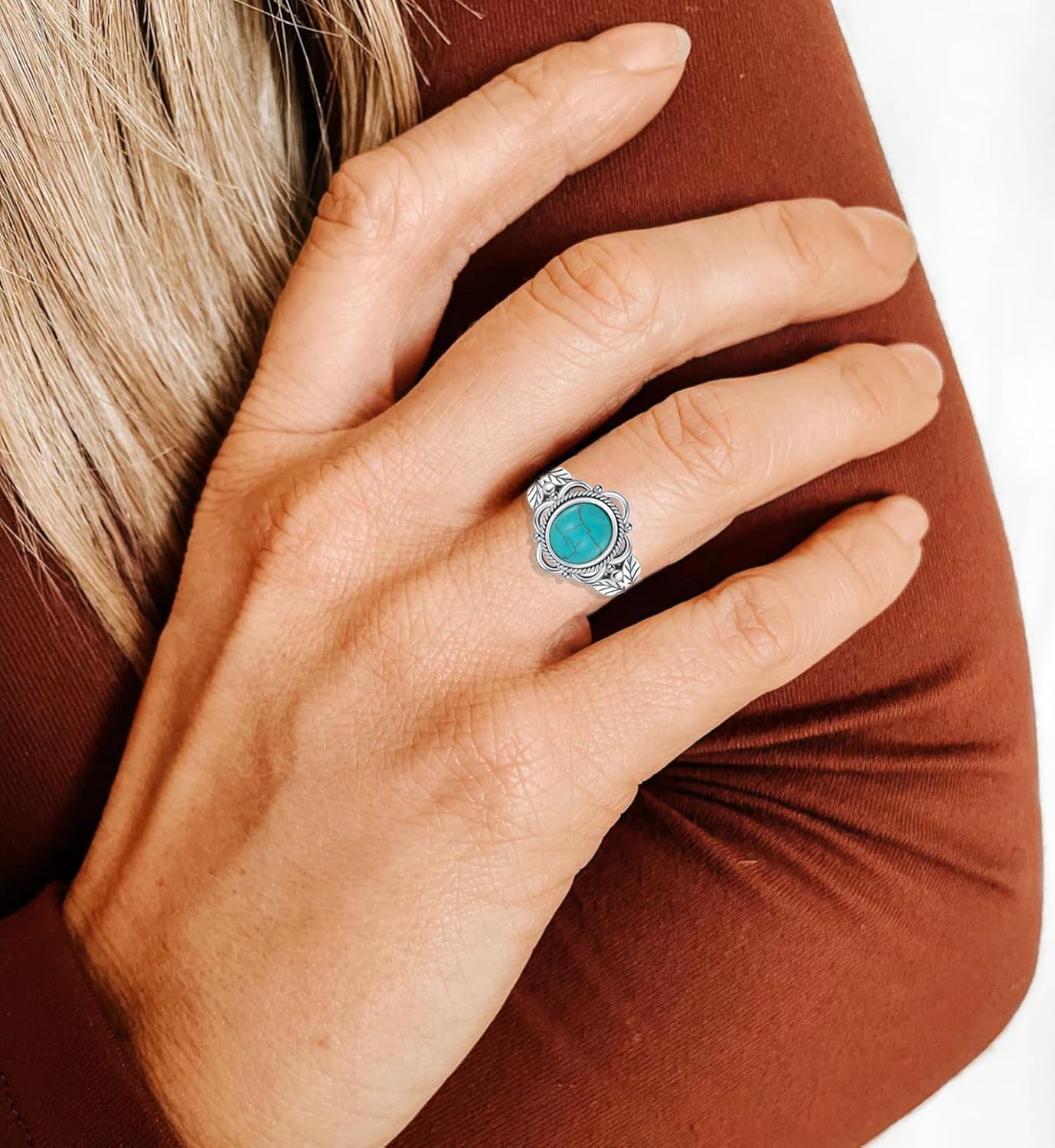 Genuine Boho 8x7 MM Turquoise Stone Ring, Sterling Silver Nature Native American Western Jewelry Gemstone Leaf Ring for Men Women - Image 2