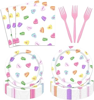 96Pcs Valentines Day Paper Tableware Set Conversation Hearts Party Supplies Heart Sayings Disposable Plates Napkins and Forks for 24 Guest Anniversary Wedding Party Decorations