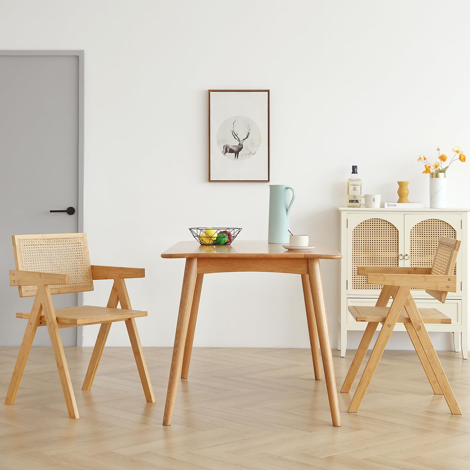 Juego de 2 sillas de ratán modernas de mediados de siglo, sillas de sala de estar de bambú para sala de lectura, comedor, cocina, madera 2
