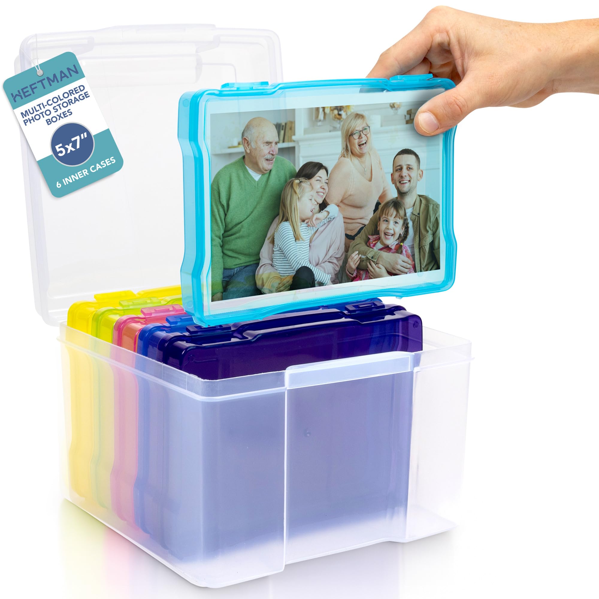 5 x 7 Rainbow Photo Storage Boxes - Clear Plastic Seed Storage Box Organiser with 6 Inner Photo Cases, Holds up to 600 Photos, Greeting Card Organiser for Office Supplies, Cables, Stickers
