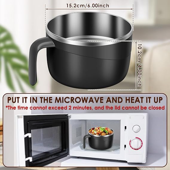 1200ml Rapid Ramen Bowl with Filterable Lid,Portable Ramen Cooker Bowls with Phone Holder and Handle,Stainless Steel Noodle Bowl with Spork Chopsticks for Dorm Office (Black)