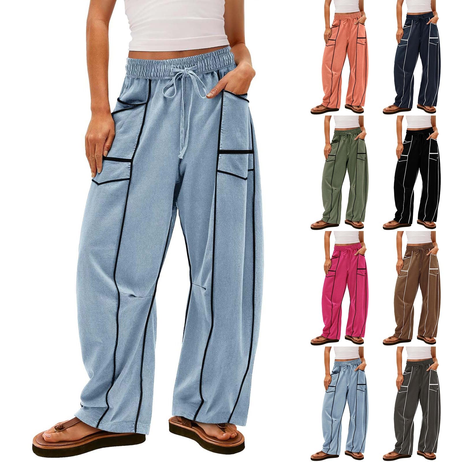 Barrel Pants Women Casual Cargo Wide Leg Baggy Sweatpants Drawstring High Waisted Lounge Palazzo Pants with Pockets