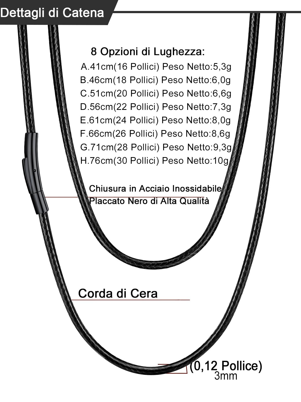 U7 Collana Uomo Caucciù Larg.2/3mm Lungh.41-76cm Marrone Nero | Stile collana uomo pelle,cordino per collane, chiusura acciaio inox, impermeabile e ipoallergenica, accessorio estivo