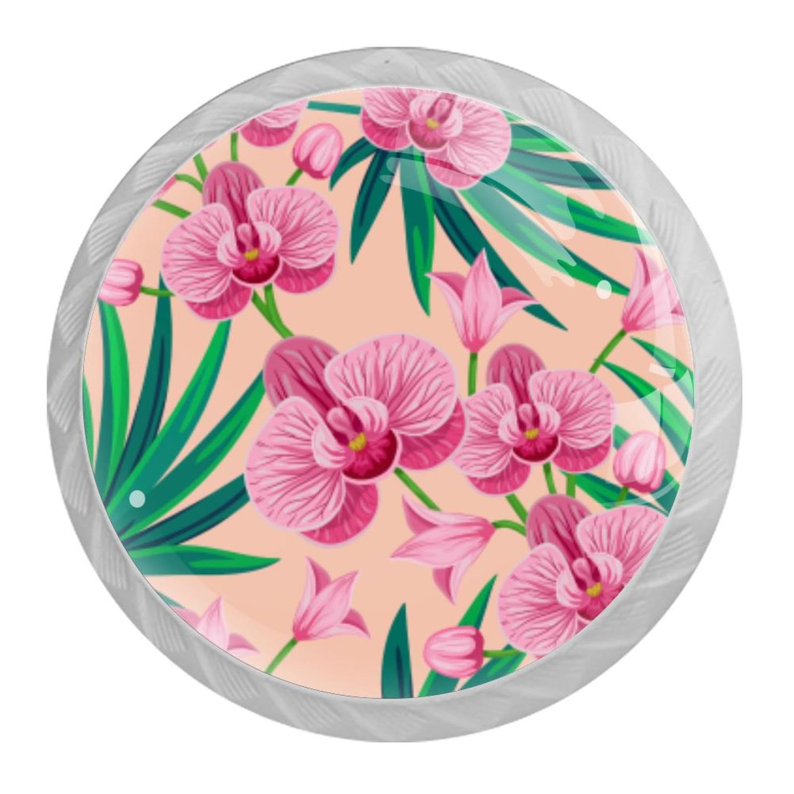Tqmspg 4 Pieces Drawer Pulls Pink Orchid Flower Door Knobs Dresser Handles for Kitchen Wardrobe Cupboard Hardware Furniture