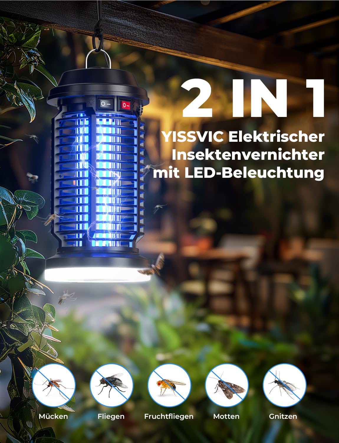 YISSVIC Insektenvernichter Elektrisch, 4200V Mückenlampe 15W, Elektrische Fliegenfalle 2-in-1 mit LED-Beleuchtung, UV-Lampe gegen Mücken und Fliegen, IPX4 für Innen und Außen