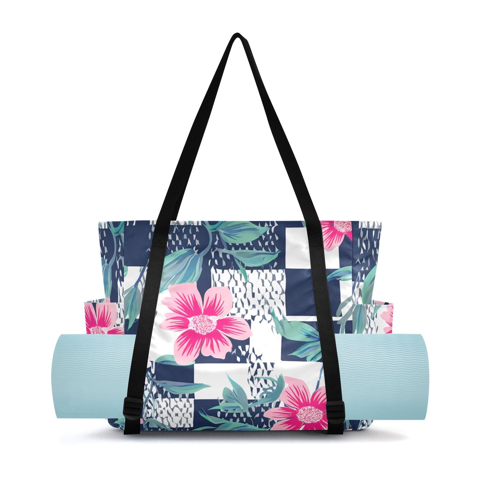 Lxqimora Flowers Checkered Stylish Blue Yoga Mat Bag for Women Water-Resistant Gym Bag with Yoga Mat Holder Tote Bag for Pilates Gym Yoga Travel