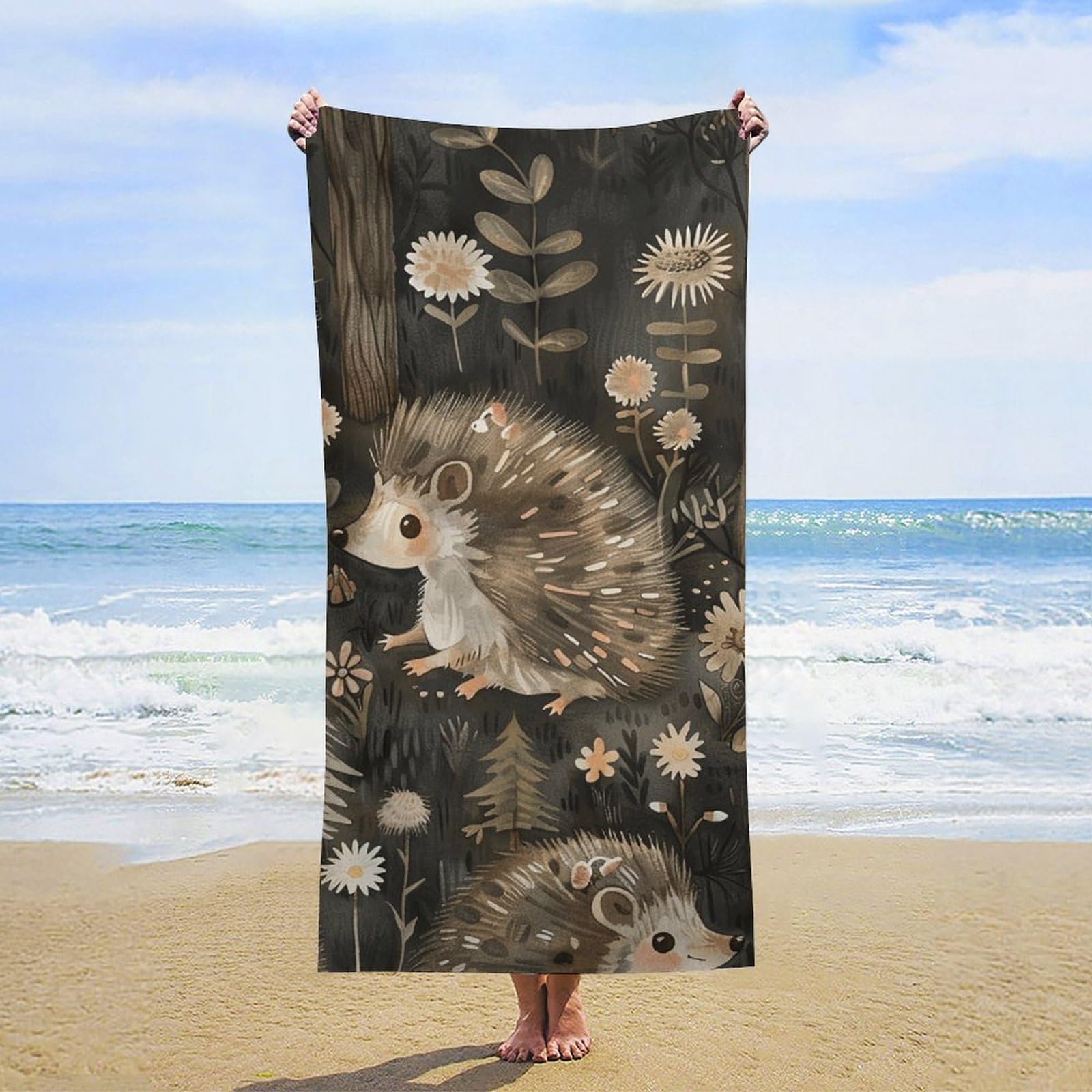 NTVOWPZO Gray Hedgehog Beach Towel Oversized Microfiber Bath Towels Lightweight Sand Proof Beach Towels Absorbent Pool Towels for Swimming Yoga Bathroom Towel 31.5" X 63"