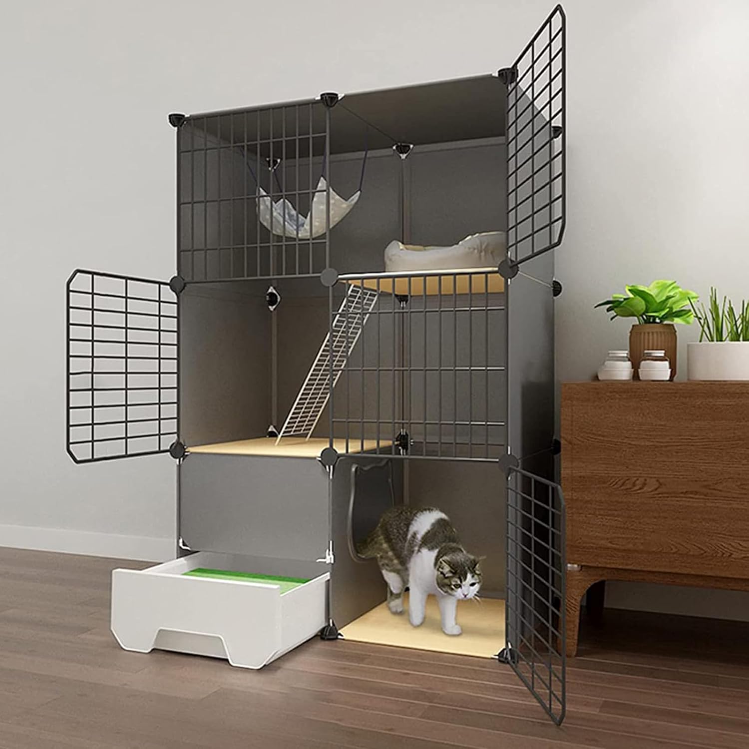 Indoor Cat Cage with Litter Box, Detachable Metal Playpen for Kittens, Stylish Cat Enclosure for Apartments, Safe & Spacious Indoor Cat Kennels, Perfect for Balconies