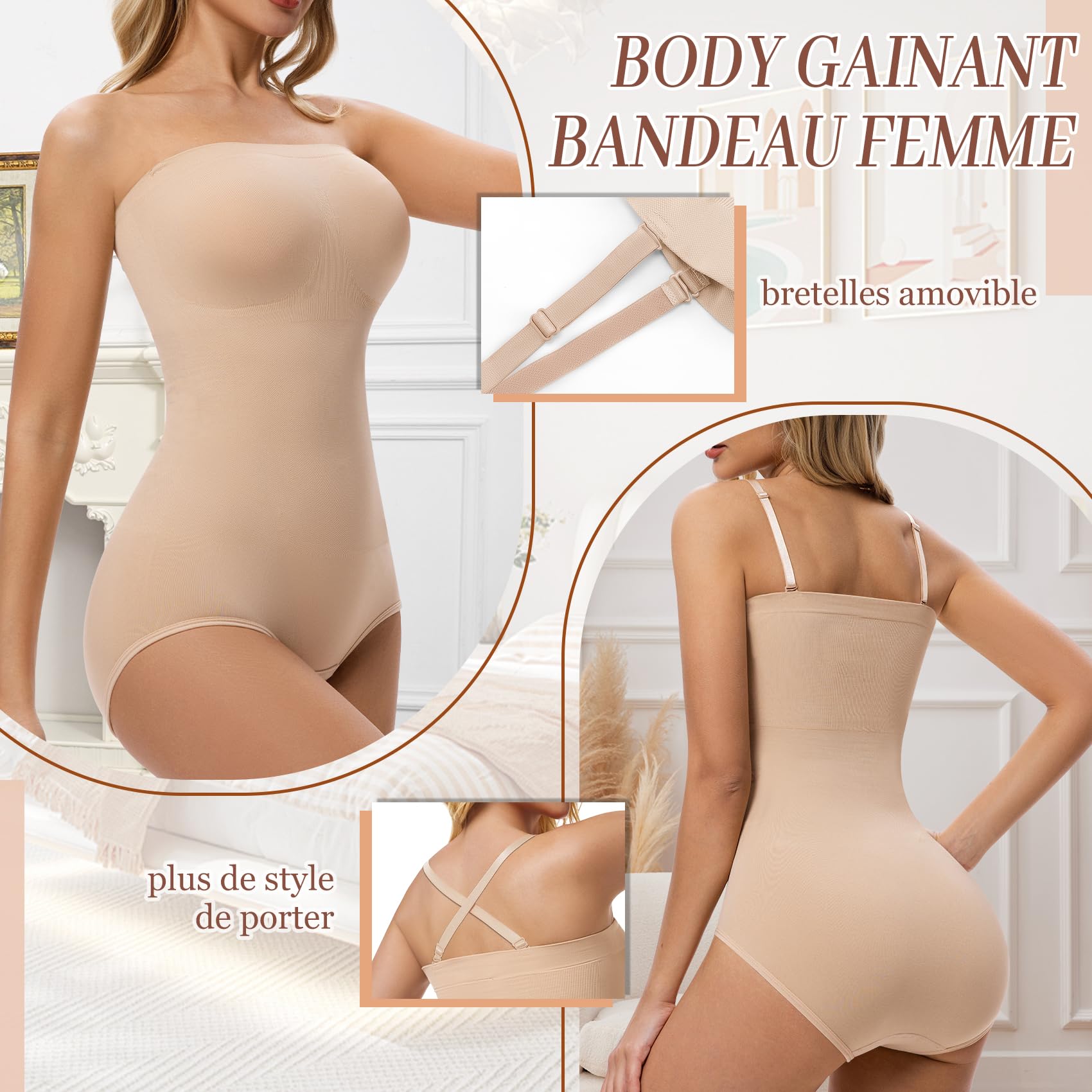 ONEW Body Gainant Bandeau sans Bretelles Femme Body Sculptant Ventre Plat avec Bretelles Spaghetti Amovibles Gaine Amincissante Invisible Shapewear Bodysuit Body Shaper