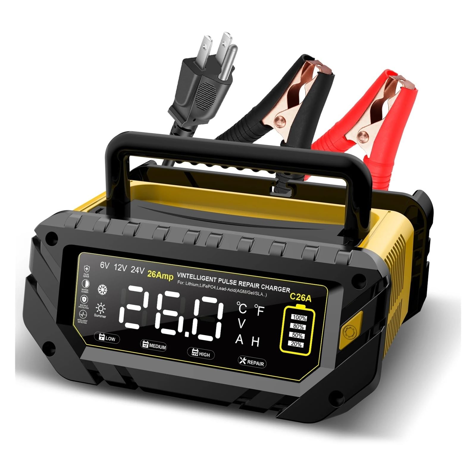 Cargador de Batería, Cargador de batería for Coche de 26 A, Compatible con baterías de Litio, Gel y Plomo-ácido de 6 V/12 V/24 V.