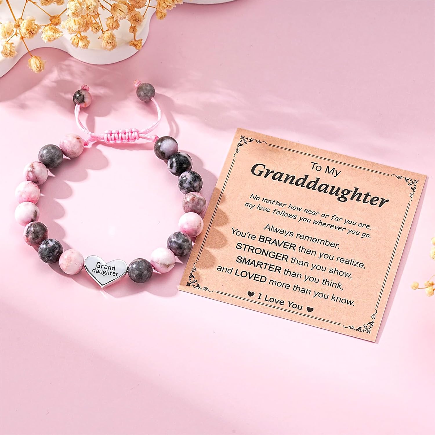 Granddaughter Daughter Gifts -Heart Natural Stone Beaded Bracelet for Girls, Valentines Birthday Gifts for Girls Daughter Granddaughter - Image 2