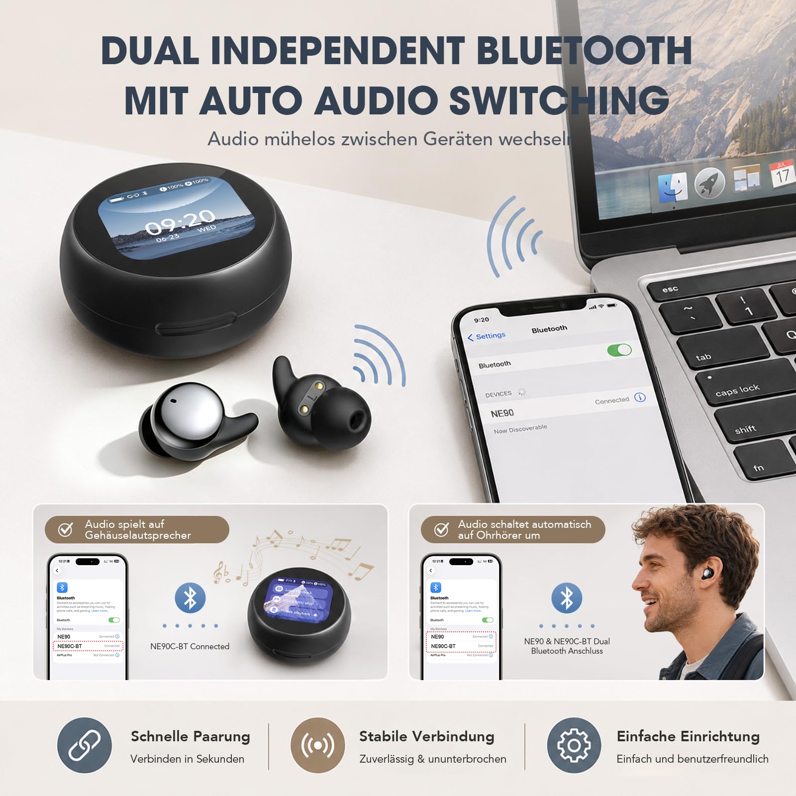 NE90 Schlafkopfhörer für Seitenschläfer, Mini Bluetooth 6.0 Kopfhörer zum Schlafen mit Smart-Touchscreen-Case, Sleep-Timer, Dual-Bluetooth, 18 Std. Akku, KI-Übersetzung in 160+ Sprachen