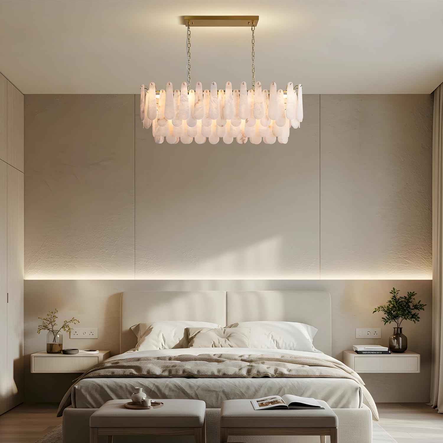 Chandeliers for Dining Room, L47.2 in Modern Alabaster Rectangle Brass Chandelier, 4-Tiers Luxury Natural Stone Ceiling Light Fixture, White Marble Chandeliers for Kitchen Island Living Room Bedroom