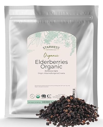 Starwest Botanicals Bayas de saúco secas orgánicas, 2 libras a granel Refuerzo de apoyo del sistema inmunológico para hacer té, jarabe, gomitas