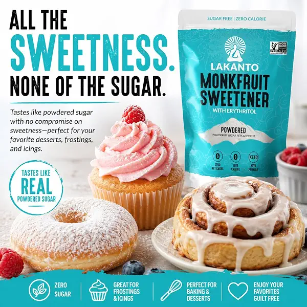 Lakanto Powdered Monk Fruit Sweetener With Erythritol, Powdered Sugar Substitute for Frosting, Icing, Glazes, Baking, Donuts, Confectioner Sugar, Cinnamon Rolls, Cupcakes, 1 Lb 5