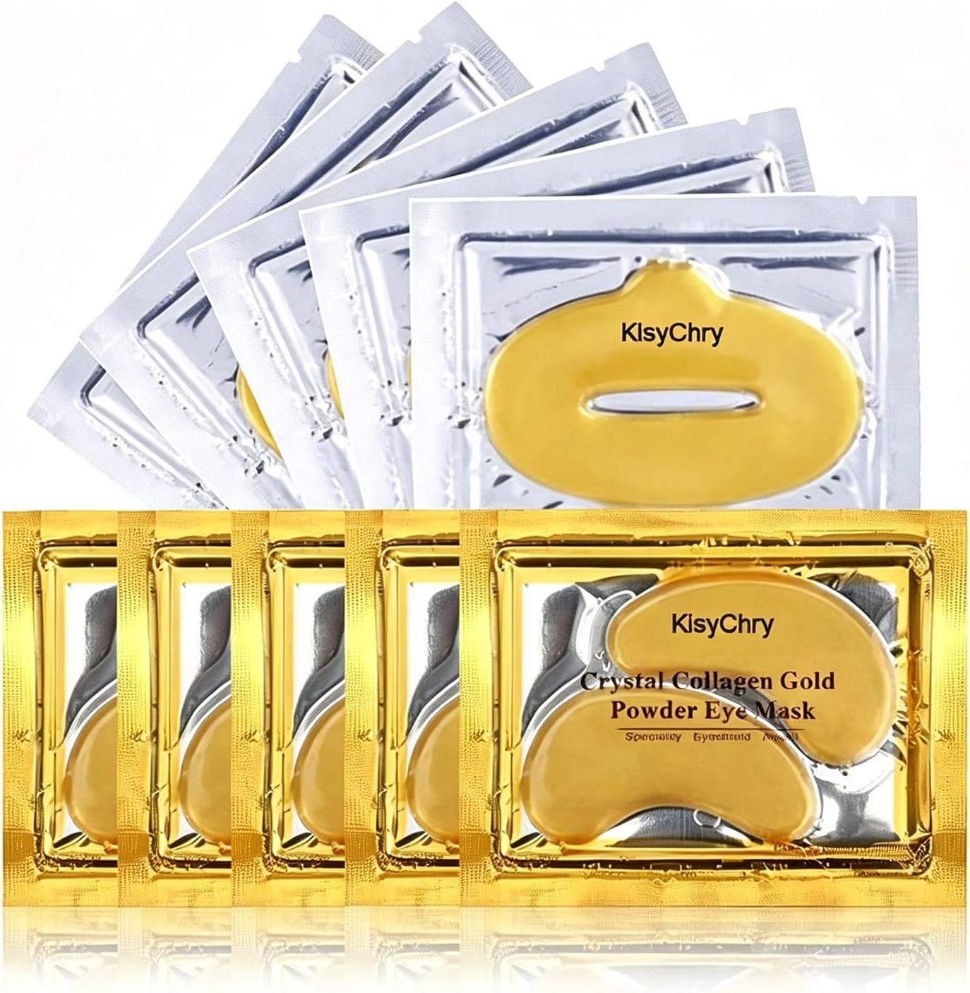24K Gold Gel Crystal Collagen Lip and Eye Mask Set, 5 Pairs Gold Eye Mask Pads and 5 Pcs Gold Lip Patches for Moisturizing, Anti Wrinkle, Anti Aging, Hydrating Lips and Eyes
