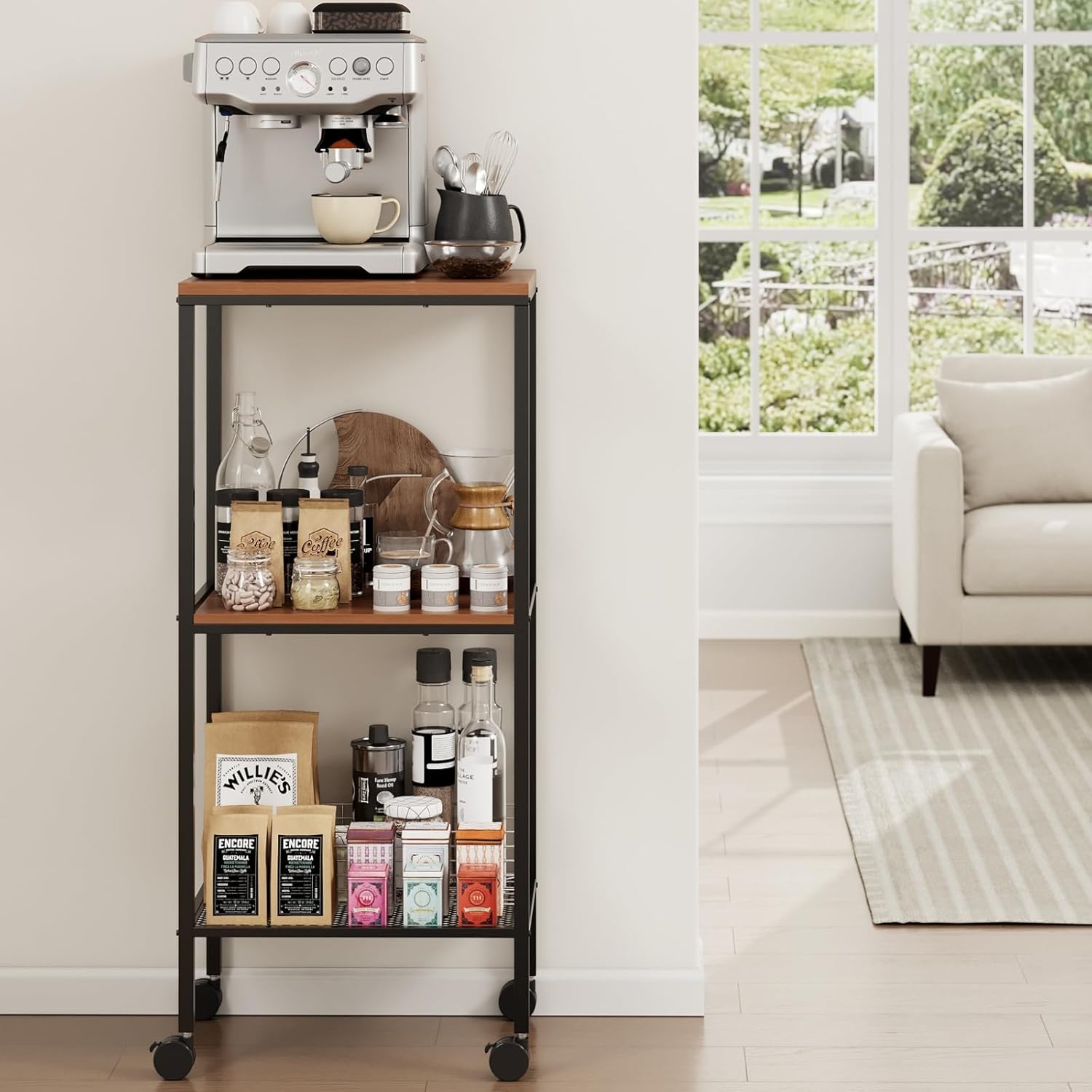 3 Tier Coffee Bar Station, Coffee Stand Station with Wheel, Farmhouse Corner Coffee Bar Cabinet for Small Spaces, Bakers Rack for Kitchen, Entryway, Living Room, 16.5" D x 11.8" W x 34.5" H