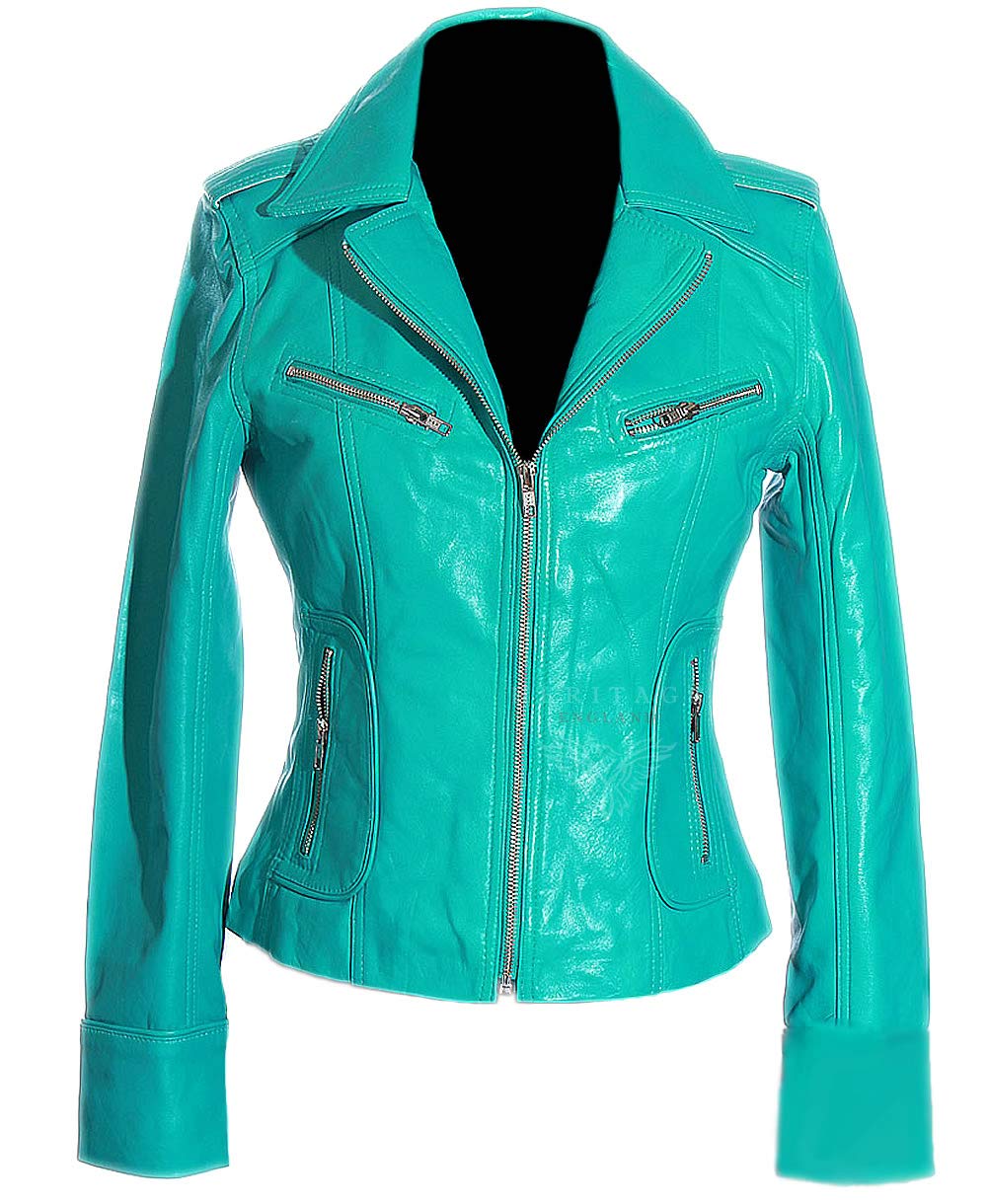 H.e Women's Turquoise Rachel Biker Style Smart Retro Designer Real Soft Washed Lambskin Leather Short Fashion Jacket (Sizes: 8 To 22 Available) (Size: 18)
