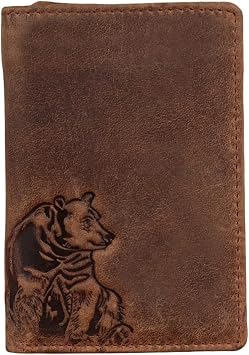 Trifold Wallet for Men, Full Grain Cowhide Leather, RFID Blocking, 6 Card Slots, 2 Storage Pockets, ID Window, Slim Leather Wallet, Gift for Men Bear Trifold
