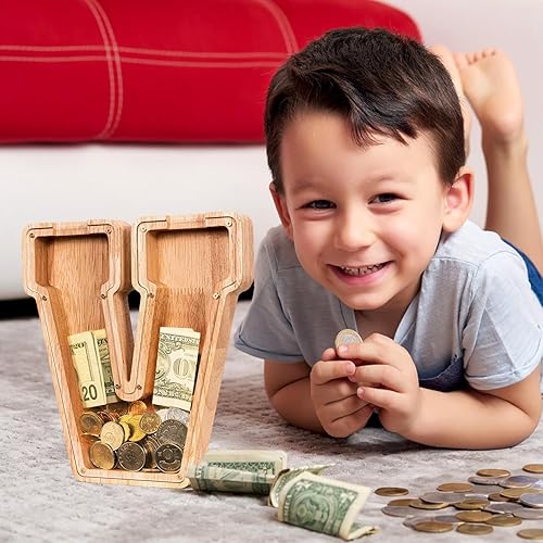 Miniatura 214 de SummiDate Alcancía de madera con nombre, niños y niñas, tamaño grande, letras alfabeto A-Z, monedas y billetes, inicial en cubierta transparente