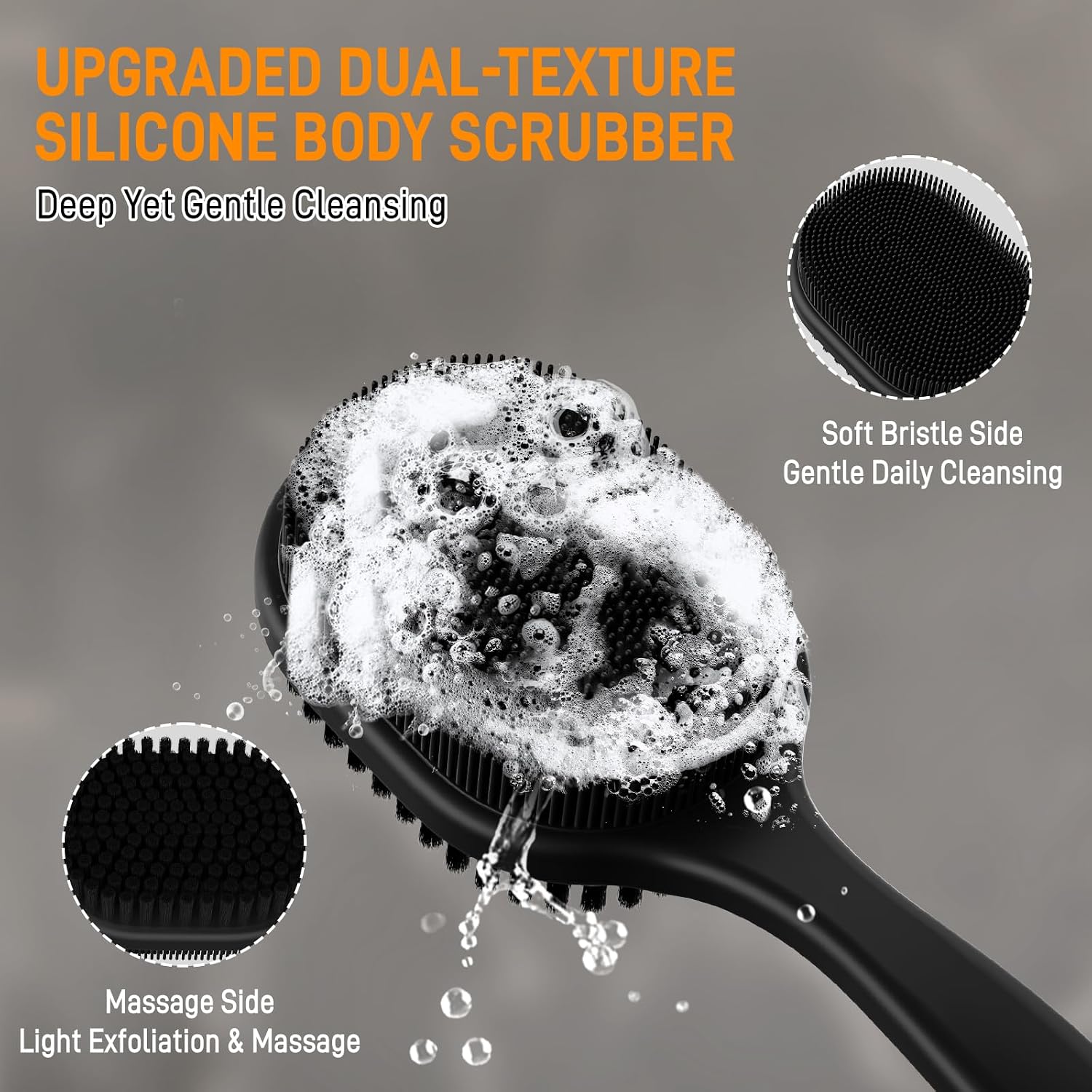 Silicone Back Scrubber for Shower, 17-Inch Long Handle Body Bath Brush