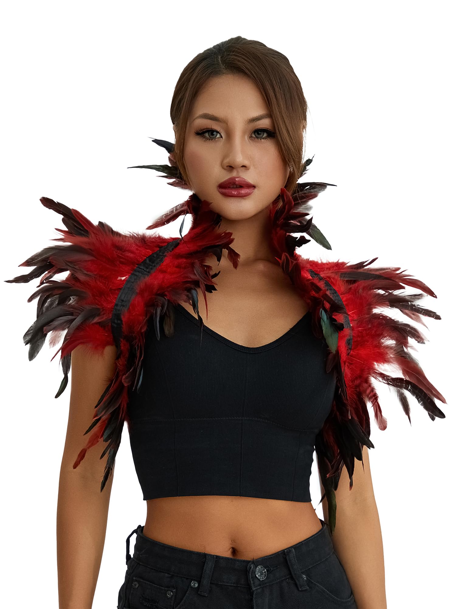 SANSIWU Women Natural Feather Cape Maleficent Costume Gothic Lacing Shawl Shrug Collar Feather Cloak for Halloween Cosplay Party (A-Red, One Size)