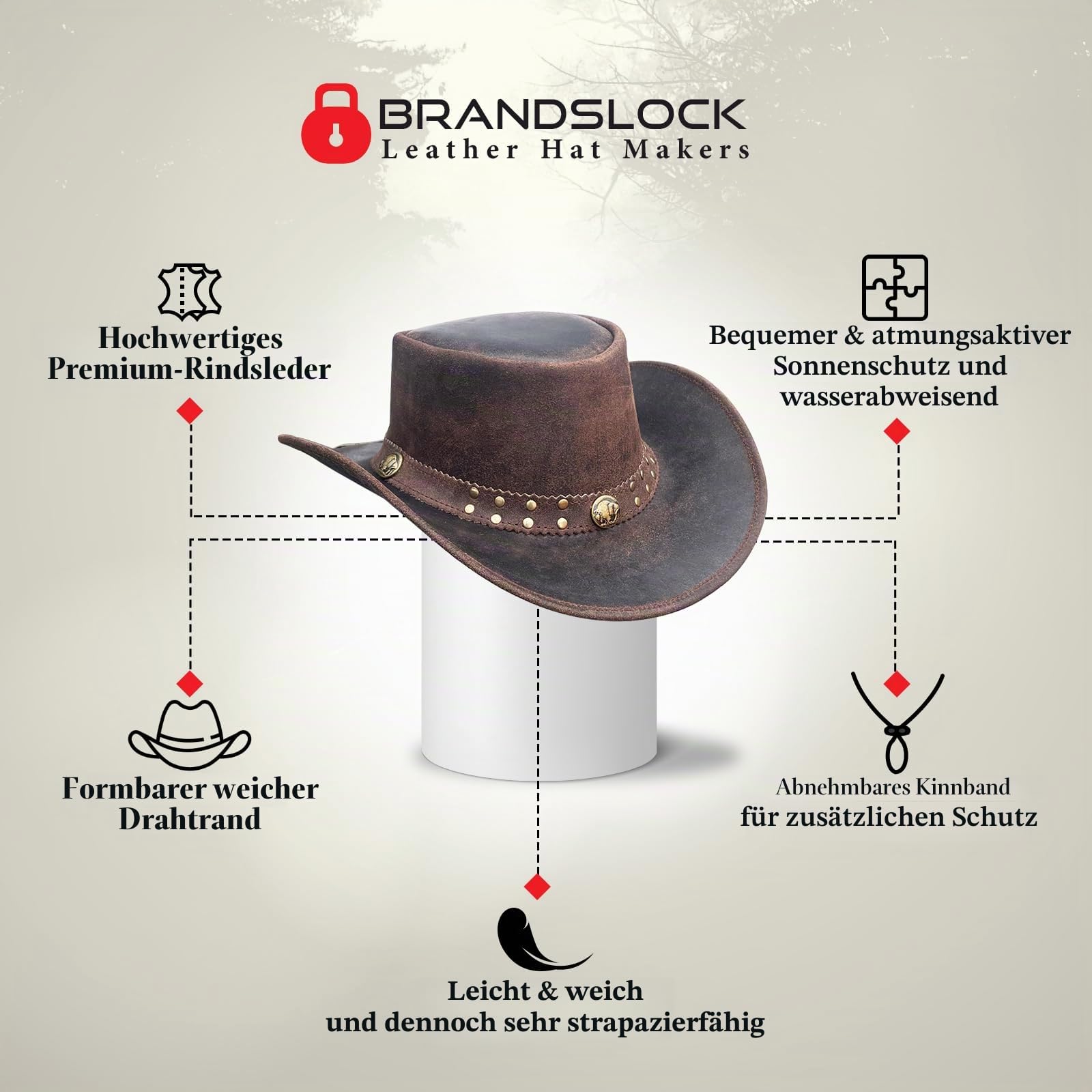 BRANDSLOCK Cowboyhut aus Leder für Herren, handgefertigt, formbar, breite Krempe, langlebig, Cowgirl-Outback-Hut