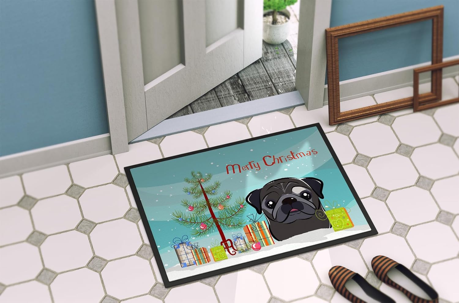 Caroline's Treasures BB1635MAT Christmas Tree and Black Pug Doormat 18x27 Front Door Mat Indoor Outdoor Rugs for Entryway, Non Slip Washable Low Pile, 18H X 27W