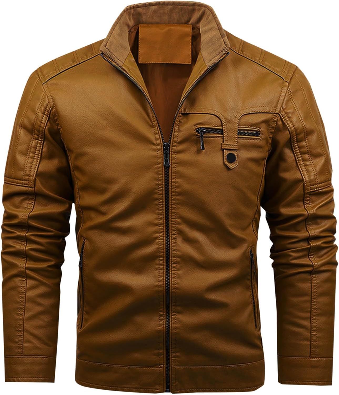XUNRYAN Mens Faux-Leather Jackets Motorcycle Stand Collar Bomber Zip Up Jacket Vintage Winter Coat Pockets Fashion Streetwear