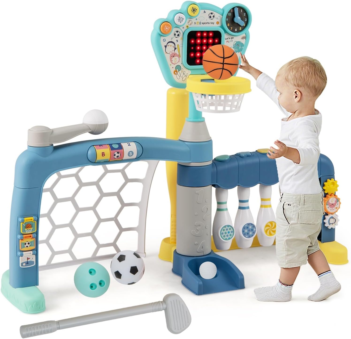 OLAKIDS Toddler Basketball Hoop, 5 in 1 Adjustable Baby Activity Sports Center with Soccer Bowling Baseball Golf Set, Indoor Outdoor Foldable Kids Play Toy with Lights Music for Boys Girls