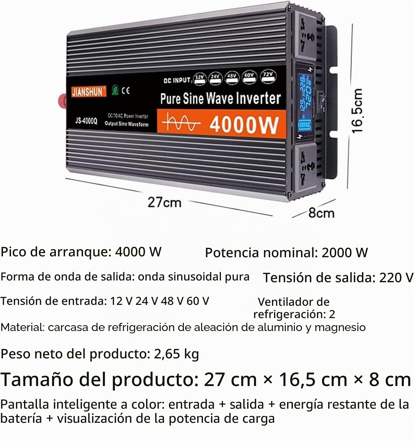 Inversor 24V 220V 3000W/4000W/5000W/6000W Onda Sinusoidal Pura, 12V 24V 48V 60V 72V Inversor de Corriente con Enchufes de la UE, Pantalla LCD,para Casas Y Autos (24v to 220v,4000w)