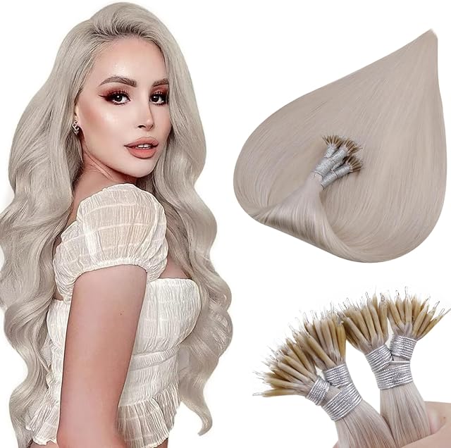 Blonde Nano Hair Extensions Real Human Hair Nano Ring Hair Extensions Human Hair #60 Platinum Blonde Nano Tip Human Hair Extensions Straight Remy Hair 16 Inch 50G 50S