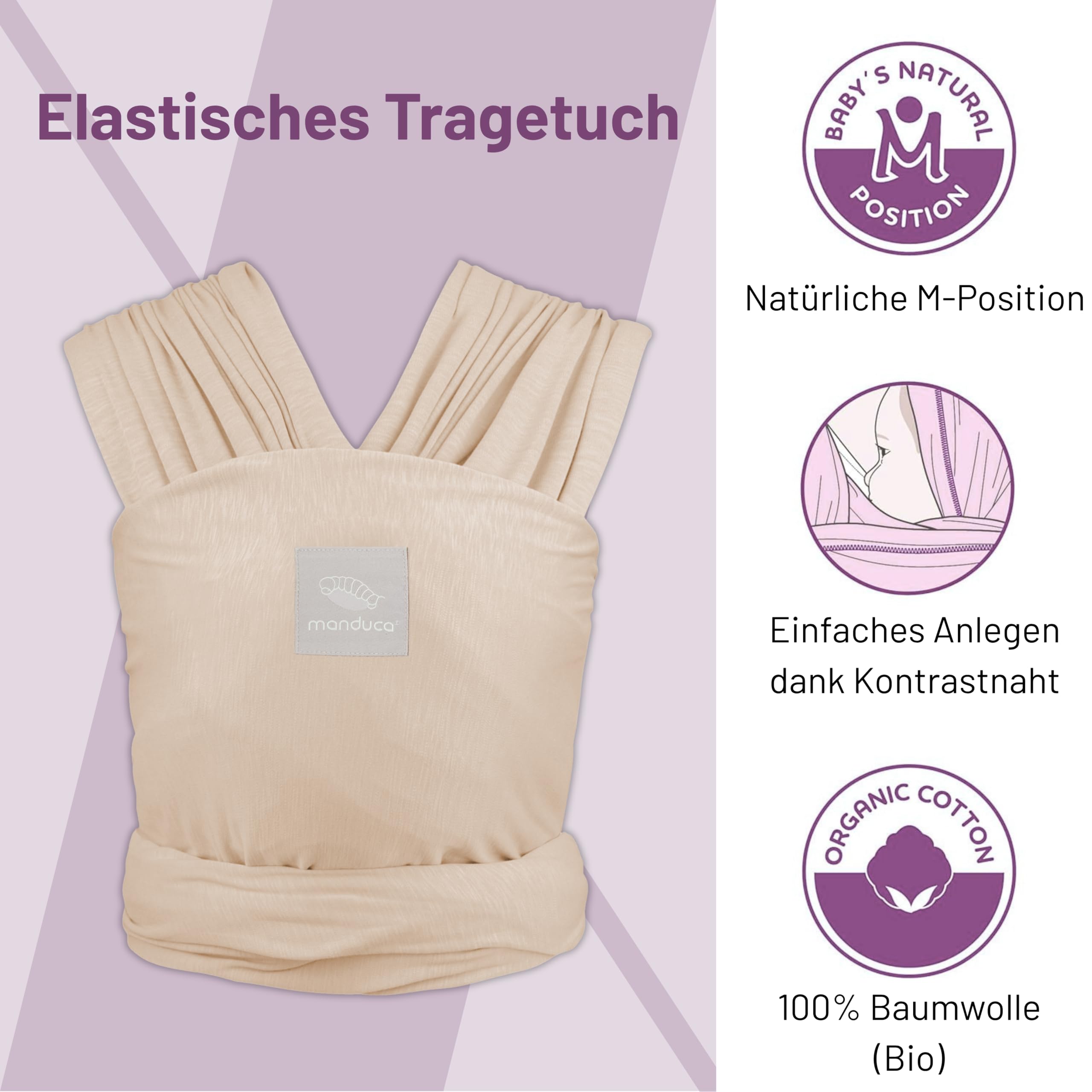 manduca Sling – elastisches Babytragetuch für Neugeborene ab 3,5 kg und Babys bis 15 kg – stabiles Tragetuch aus weichem Jersey-Strickstoff aus 100% Baumwolle (Bio) – Einheitsgröße, Farbe: powder