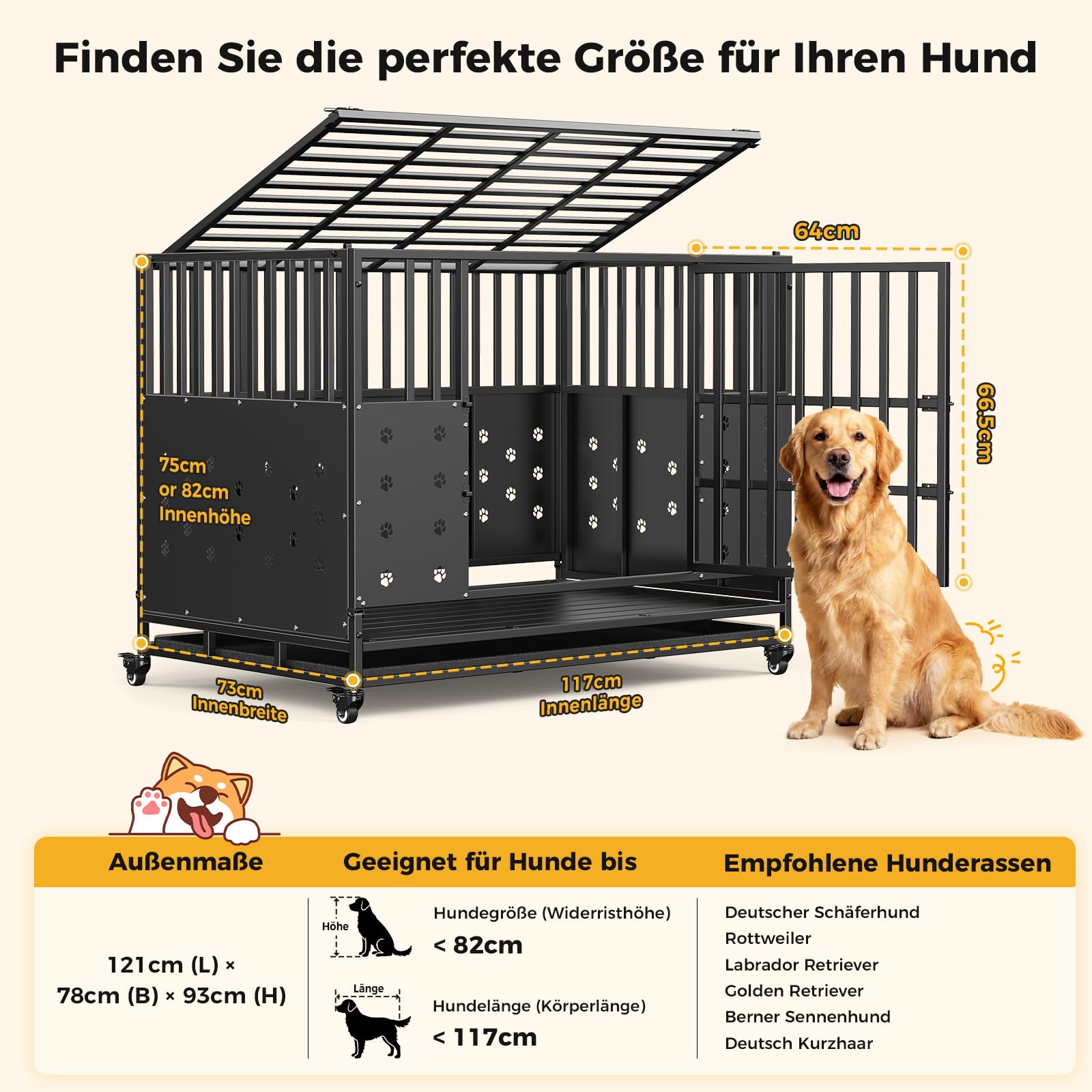 121 x 78 x 93 cm Hundekäfig hochbelastbar für große Hunde, Bissfeste Paneele, Einstellbare Innenhöhe, Hundekäfig mit 4 Arretierbare Rollen, Verbreiterter Komfortboden, Extra Breite Tür, Haustierkäfig
