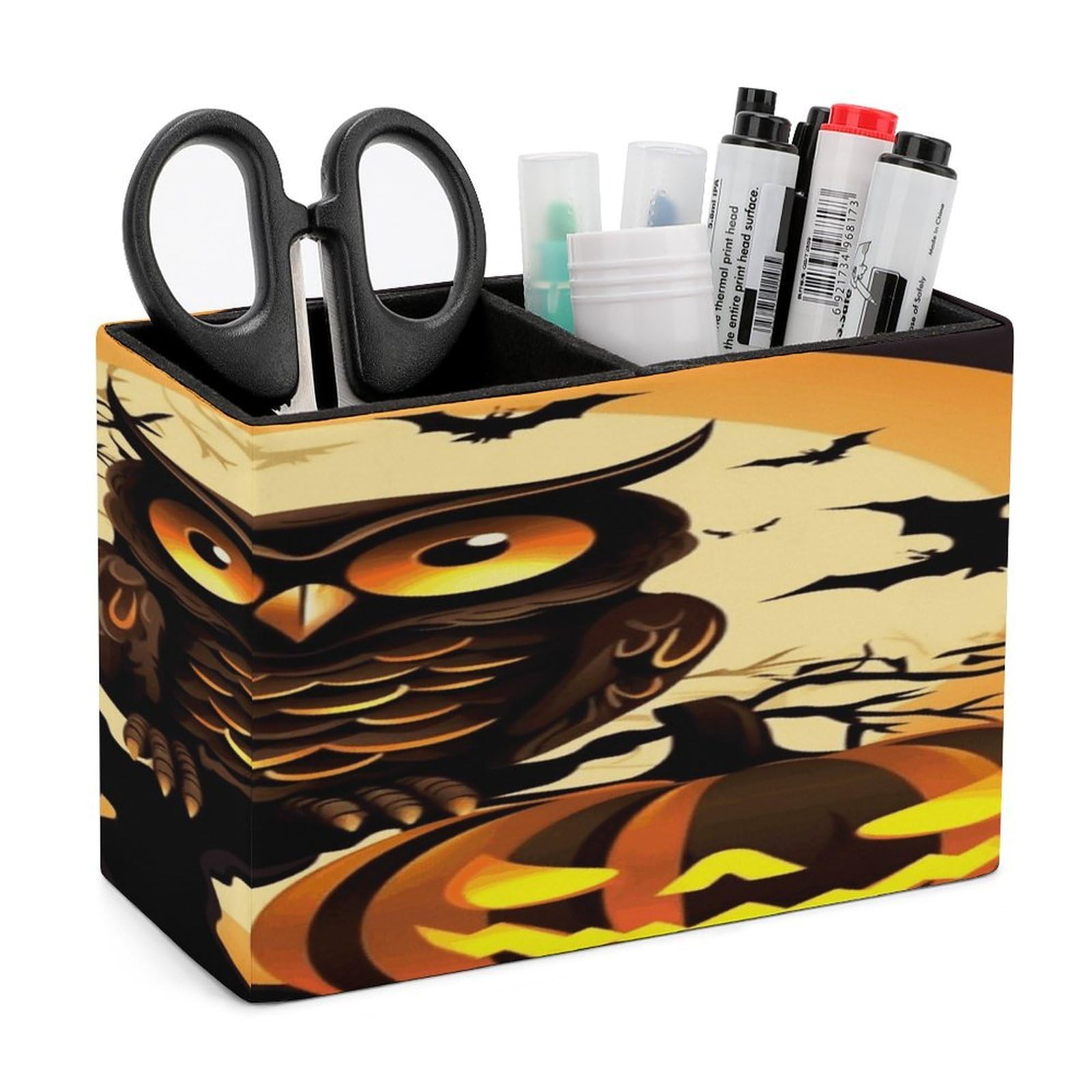 VstaDank Black Tree Owl Pumpkin Head Pencil Holder for Desk Organizer 2 Compartments Pen Cup Leather Square Pen Holder Pencil Cup Stand Makeup Brush Holders for Desktop Organizer Storage Case