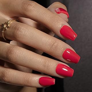 KQueenest Press on Nails Kurz mit Kleber – Sheer Rote Nägel zum Aufkleben Kurz Sarg, Einfarbig Mittel Ballerina Fake Nails Rot, Künstliche Nägel Set für Frauen & Mädchen, 30 Stück