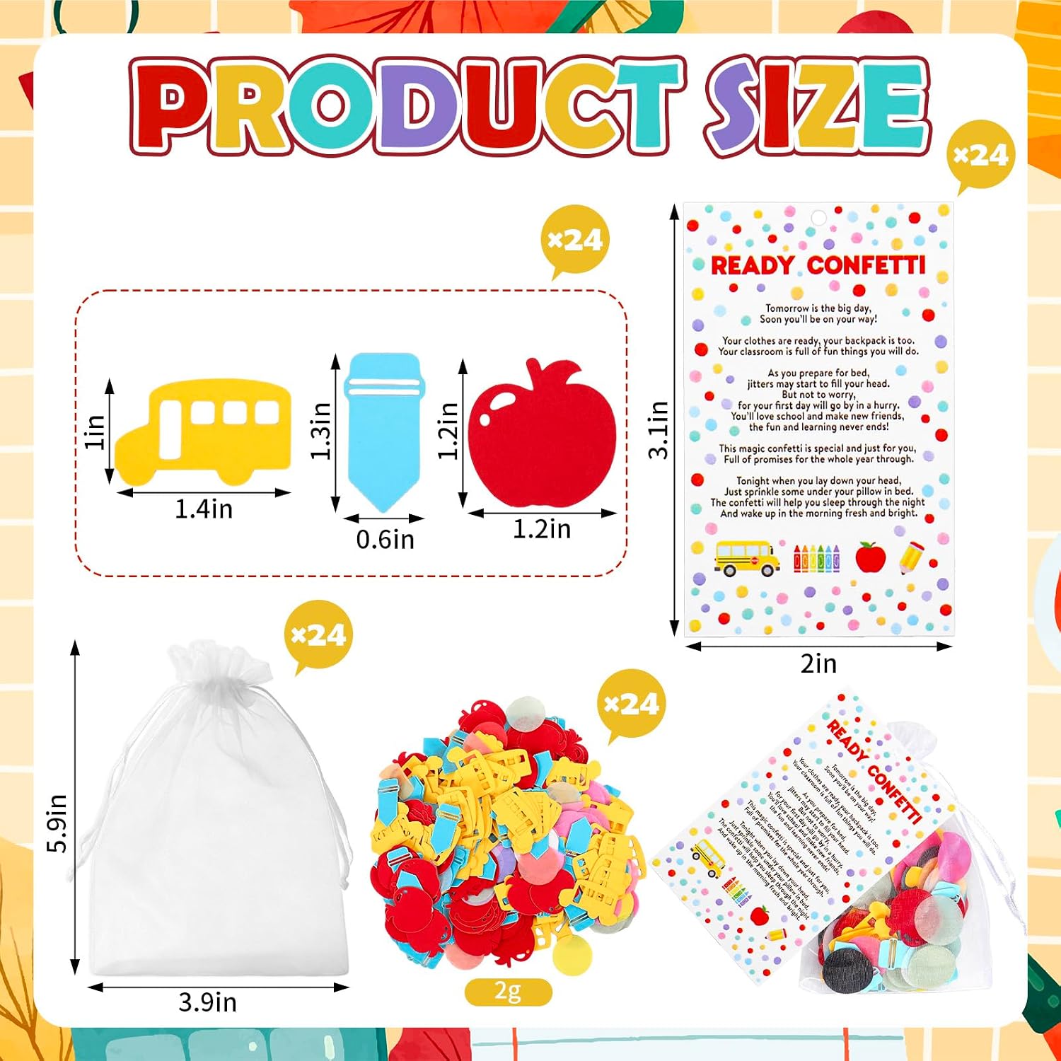 Whaline 24 Sets Back to School Ready Confetti Kits Celebration Confetti with Paper Cards Organza Bags for First Day of School Classroom Party Favors Supplies Table Decor