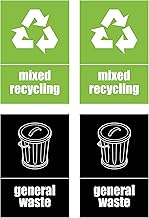 Recycling Bin Stickers - Self Adhesive PVC - Pack of 4 Signs - General Waste and Mixed Recycling - 150mm x 100mm
