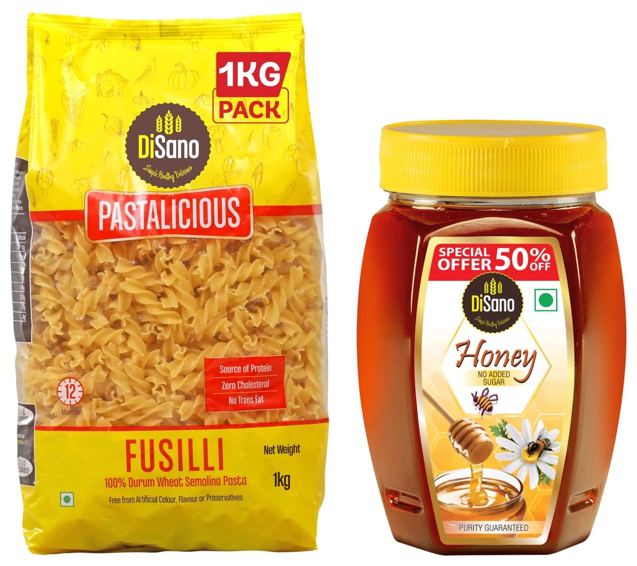 Pastalicious 100% Durum Wheat Fusilli Pasta, 1kg & DiSano Pure Honey 500 g (pack of 1)