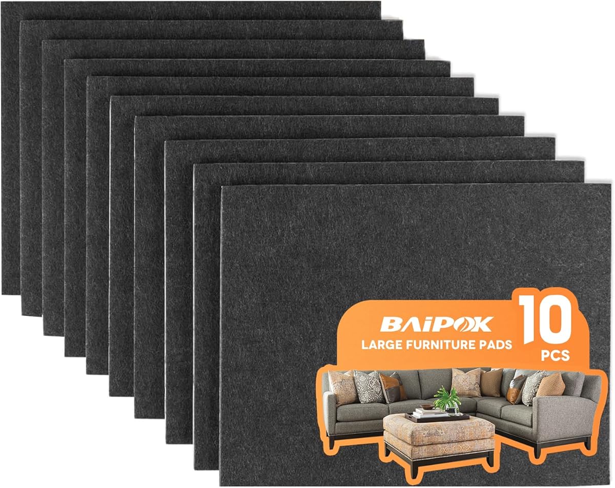 Felt Furniture Pads 10pcs 8" x 6" Adhesive Large Felt Pads, Cuttable Chair Leg Pads, Hardwood Floor Protectors for Furniture, Black