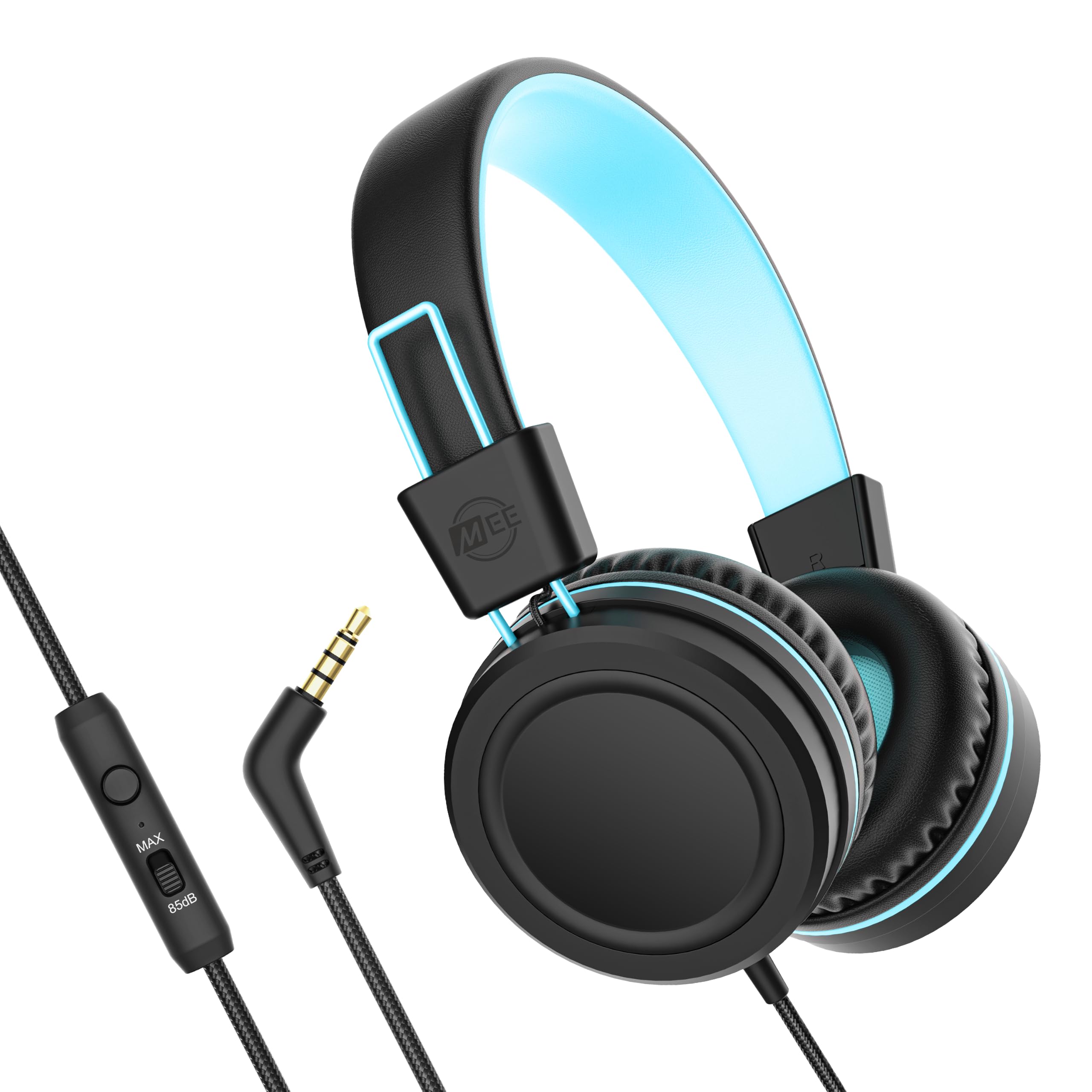 MEE audio KidJamz KJ55 Wired Children’s Headphones with 3.5mm Plug, Colorful Graphics, Volume Limiter &amp; Mic, Adjustable On-Ear Kids Headset for Online Learning/School/Travel/Tablet (Plain Black)