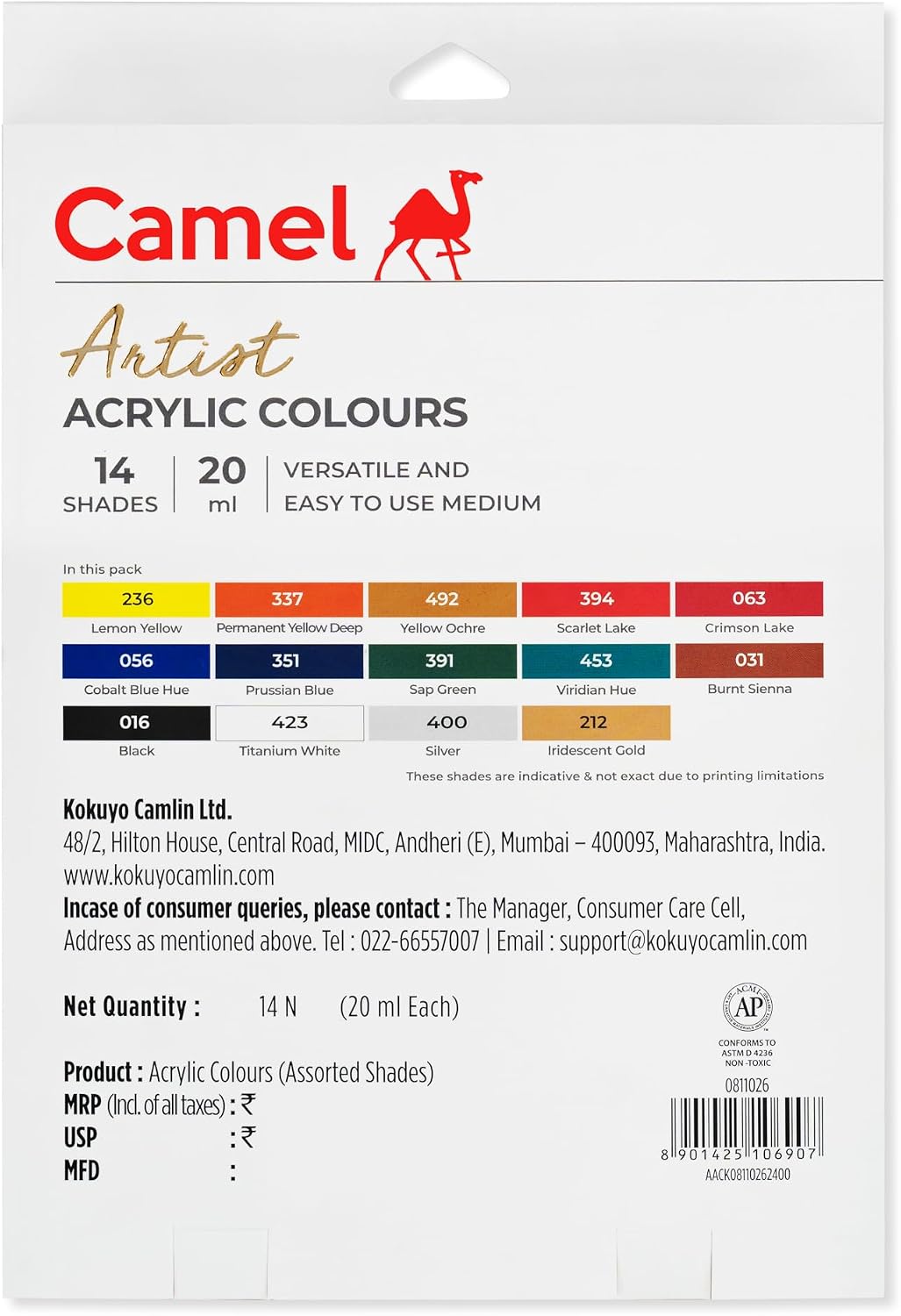 Camel Acrylic Color Box - 20ml Tubes, 14 Shades, Including Introducing Iridescent Gold & Silver Colour