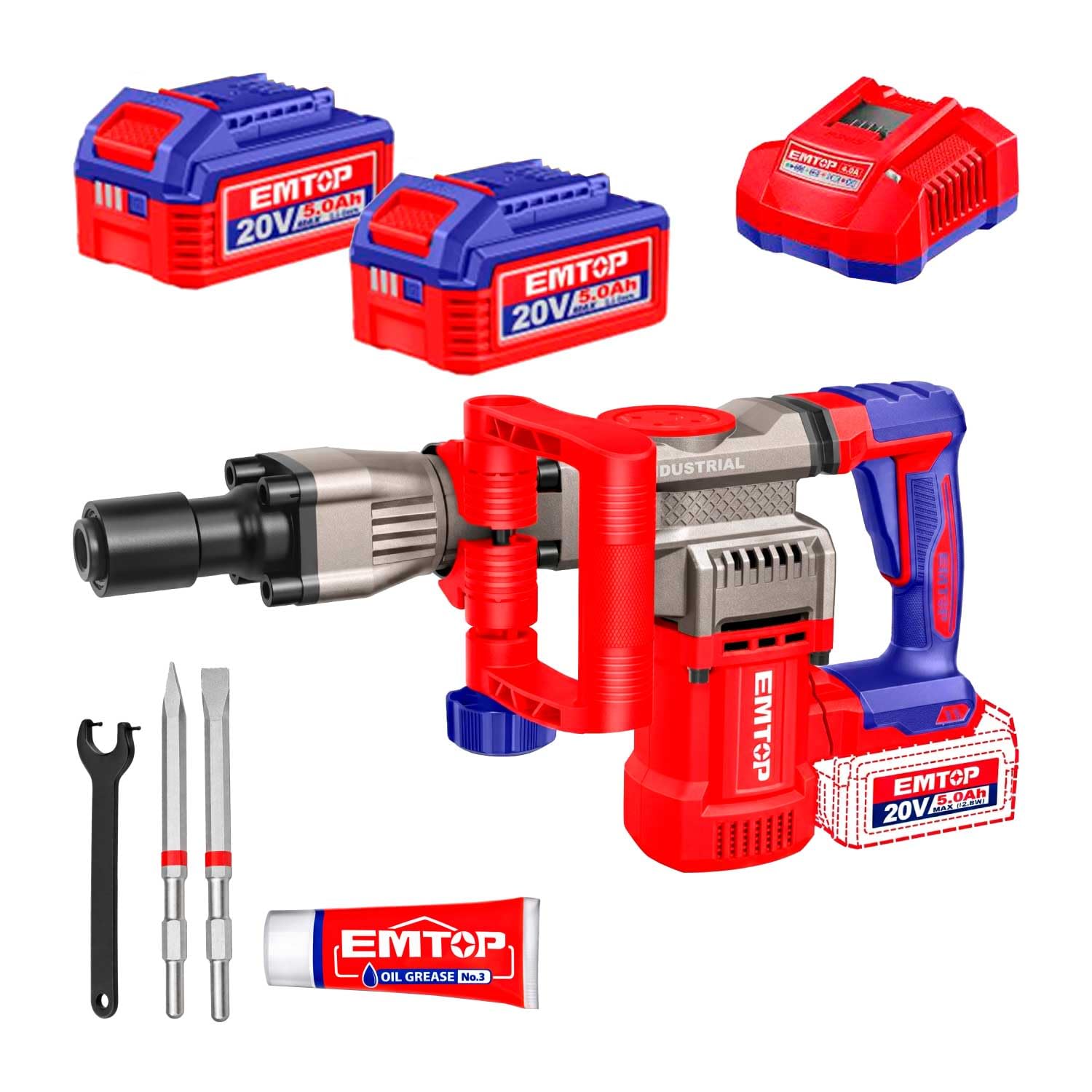 EMTOP Martelete Demolidor Brushless 20V, 35mm, 16J, 3200BPM, SDS HEX, com 2 Baterias