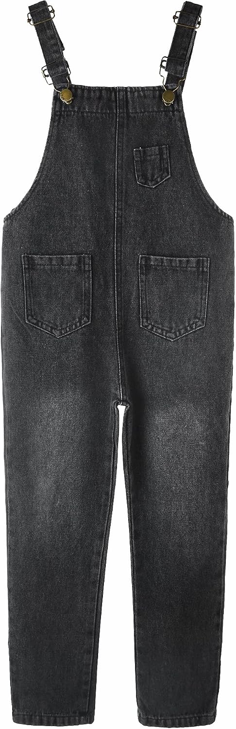 KIDSCOOL SPACE Big Girls Denim Overalls, Fake Pocktes Simple Design Summer Loose Fit Jeans Workwear