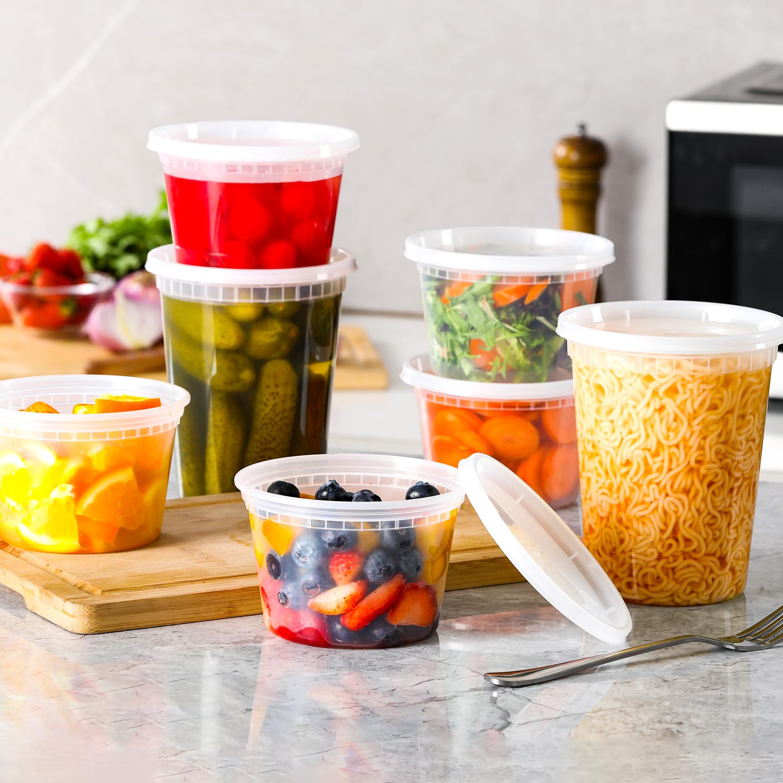 AOZITA Set di 20 contenitori per alimenti in plastica con coperchio, 453,6 g, 907,2 g, contenitori ermetici per alimenti, adatti per congelatore, lavastoviglie, microonde, contenitori per zuppe per la