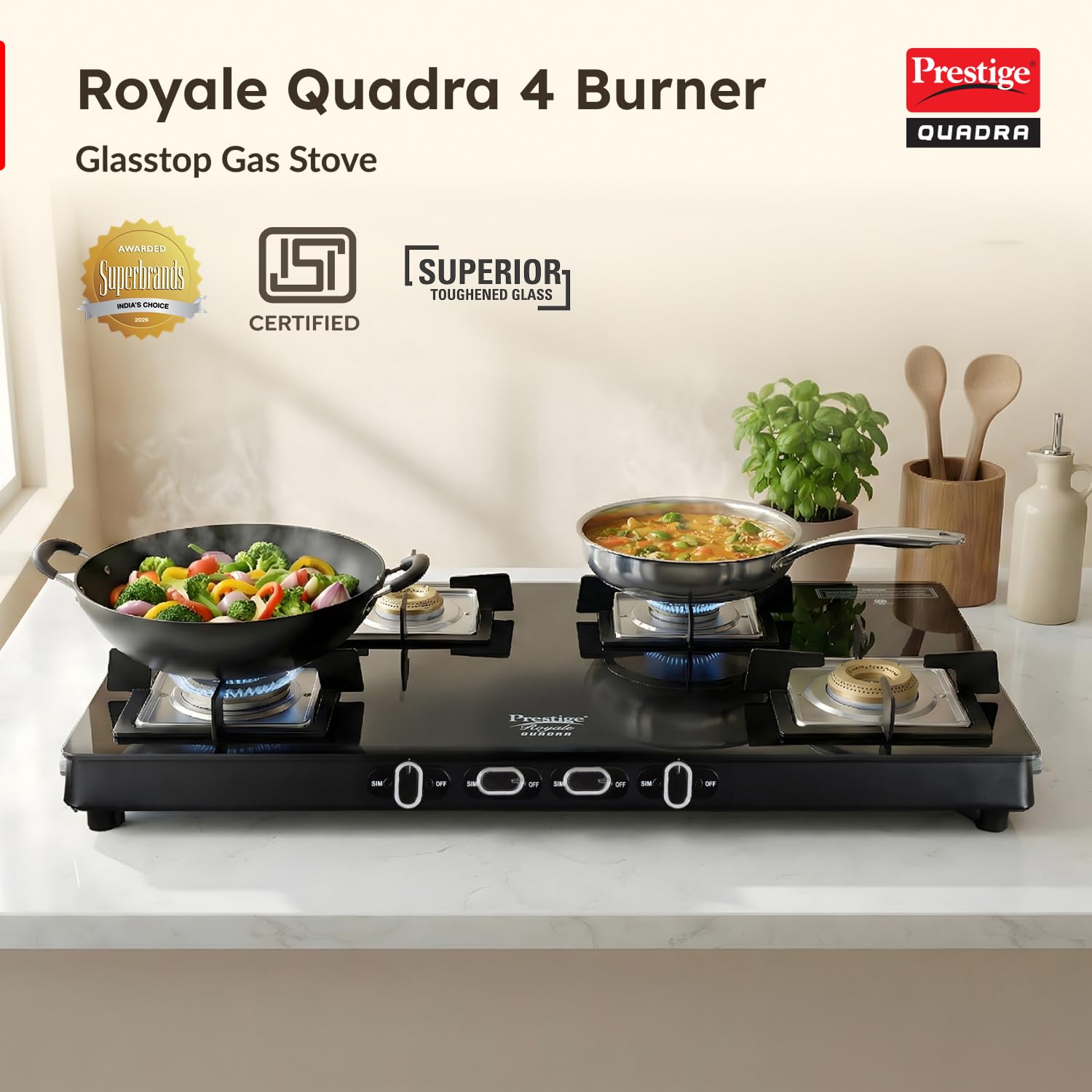 Prestige Quadra 4 Burner Glass Stove - Black -2