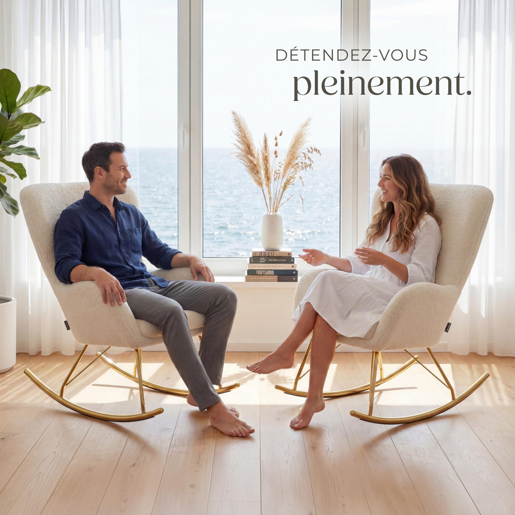 tectake® Rocking Chair Fauteuil à Bascule rembourée avec Accoudoirs Bouclette Cadre en Acier Fauteuil Salon Veranda, Chaise Ergonomique idéal Détente, Allaitement