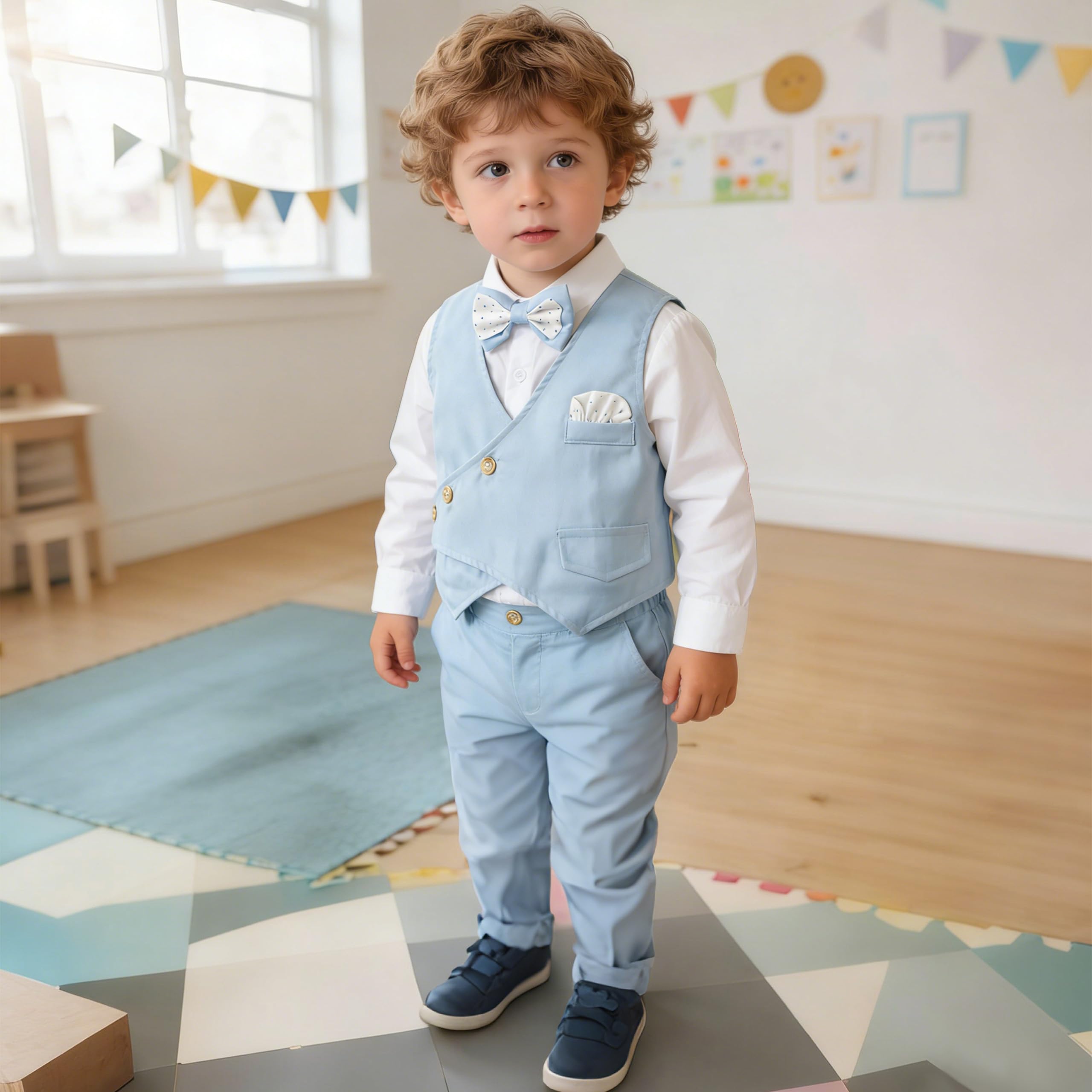 Volunboy Baby Boys Gentleman Suit, Toddler Formal Waistcoat Outfit Wedding Shirts + Vest +Bow Tie 4 PCS Set - 4