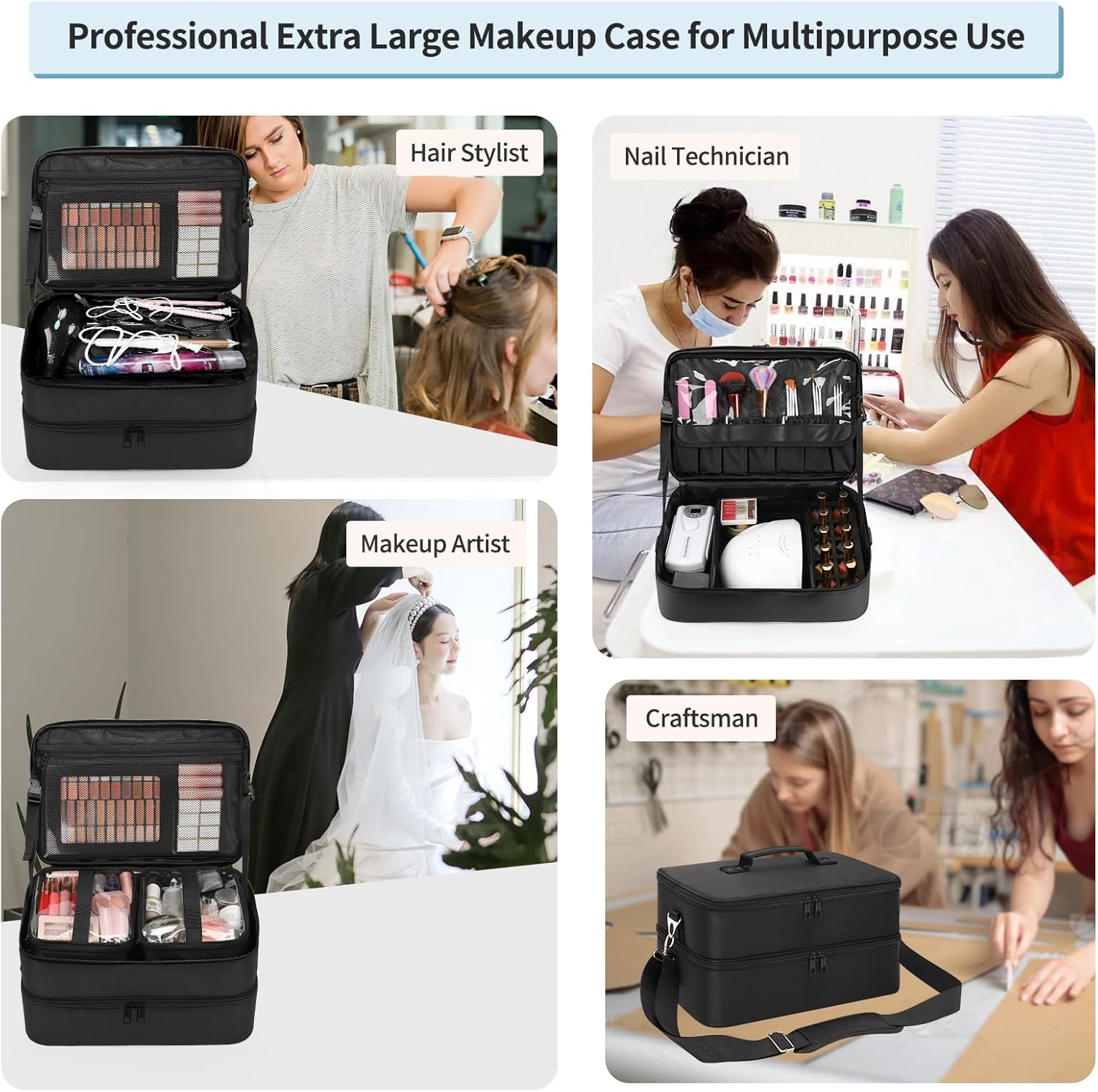 Extra Large Makeup Case, Professional Makeup Artist Traveling Bag, Double Layer Lightweight XL Makeup Travel Case Organizer for Artist Hairstylist Crafters with 2 Detachable Pouch & Shoulder Strap